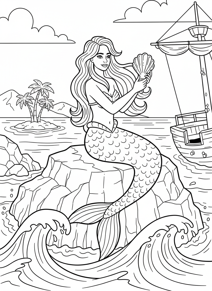 A mermaid sitting on a rock by the ocean, combing her long hair with a seashell, waves splashing gently nearby.