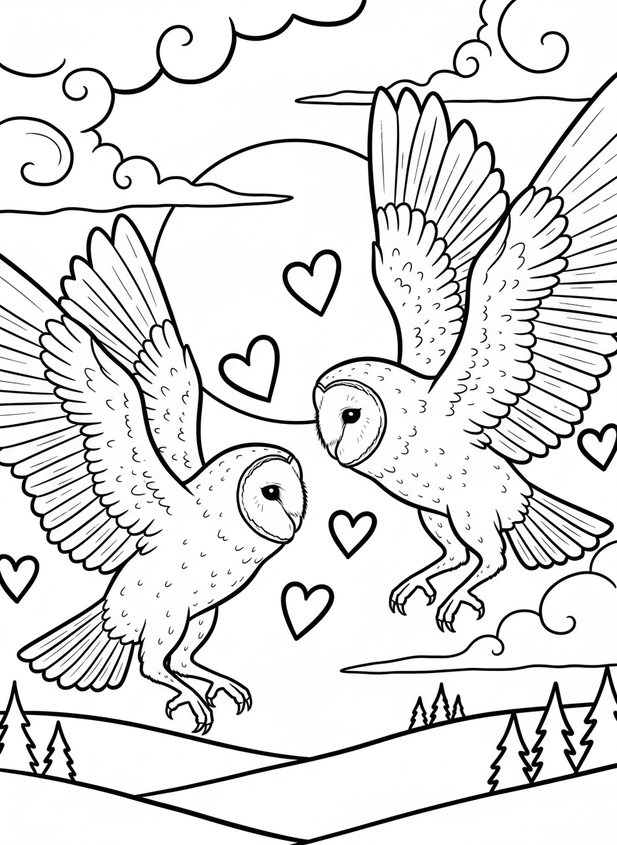 Two barn owls performing a courtship dance in mid-air, with heart shapes floating around them in a nighttime scene
