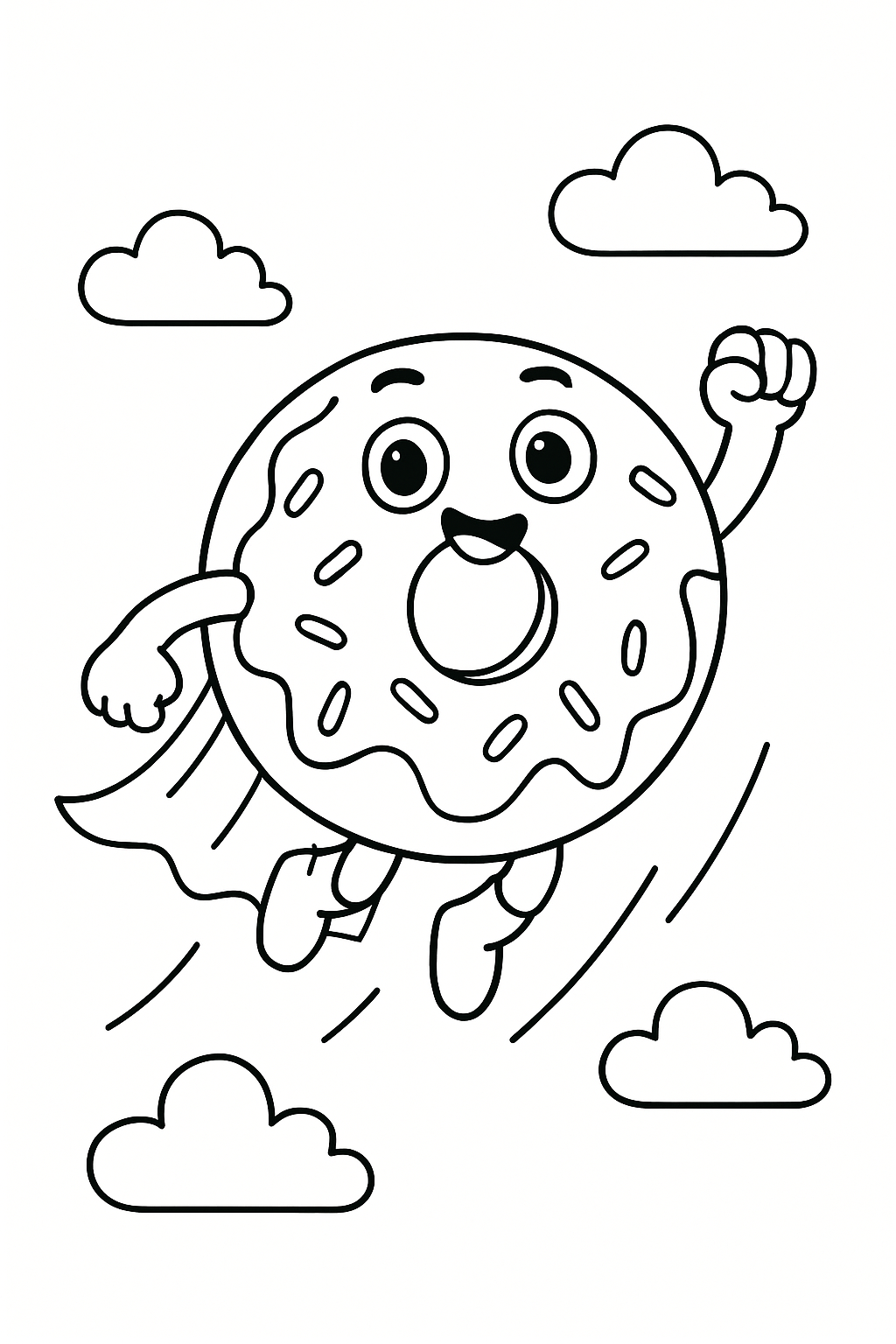 A donut superhero flying through the sky with a cape that looks like frosting.