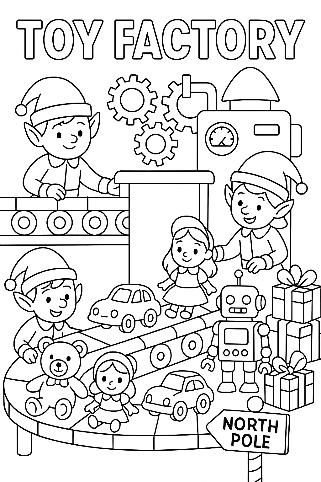 Toy factory coloring scene: assembly line with teddy bears, dolls, cars, robots on conveyor, elves working, machines, wrapped toys, thick black outlines, busy North Pole production