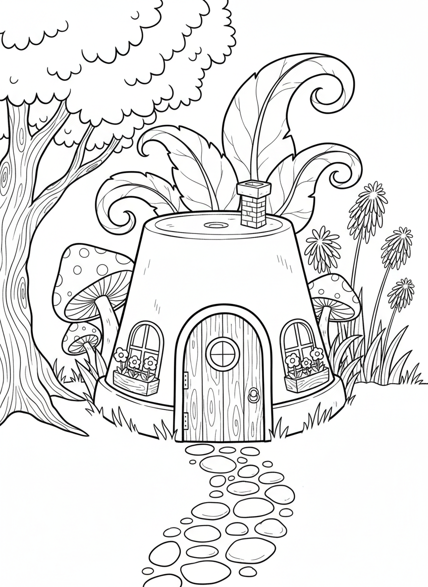 An upside-down flower pot fairy house with a door cut in the side, window boxes with tiny flowers, and a pebble walkway.