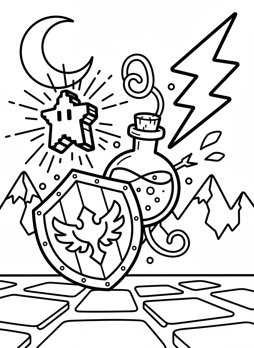A collection of power-up items including a pixel star, a shield, a lightning bolt, and a potion bottle arranged in a fun pattern.