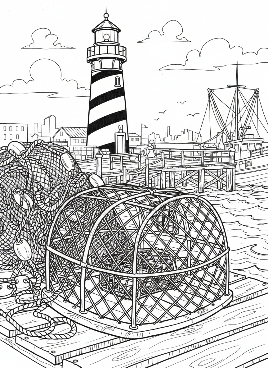 Fisherman's Wharf scene with a crab pot, fishing nets, and a lighthouse in the distance, detailed line drawing for older kids.