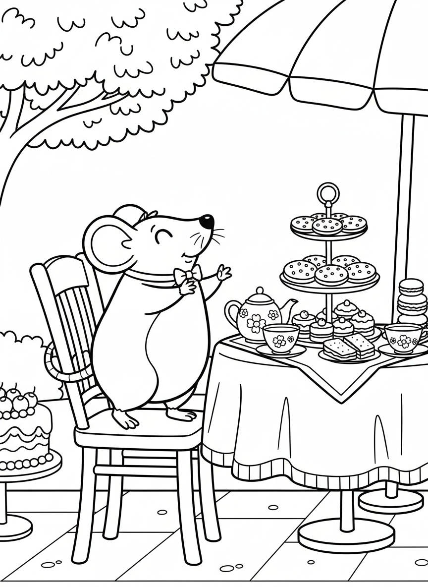 A mouse standing on a chair to reach cookies on a tiered stand, tea party treats scene