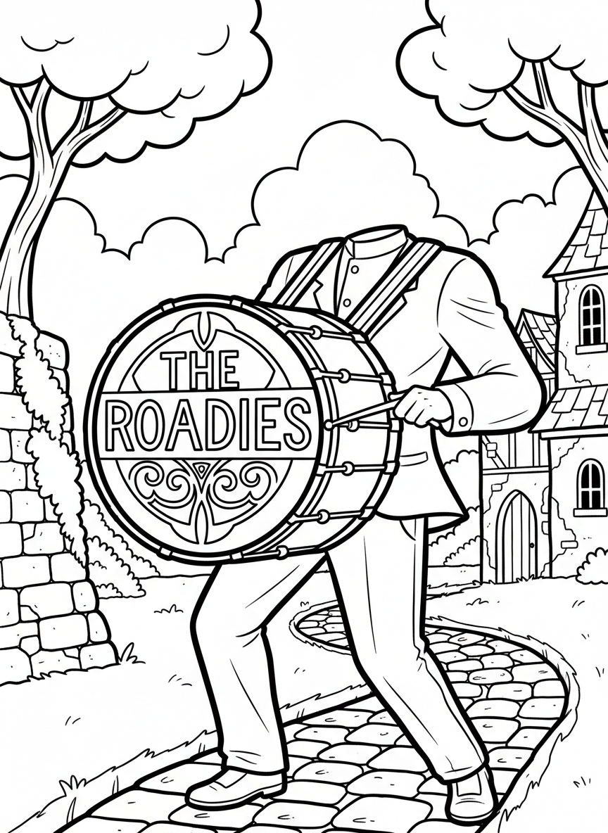 A detailed bass drum with the band's name on it, being carried by a drummer with shoulder straps.