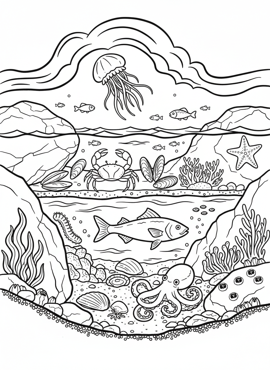 A tide pool cross-section view showing layers of water, rocks, sand, and various creatures at different depths.