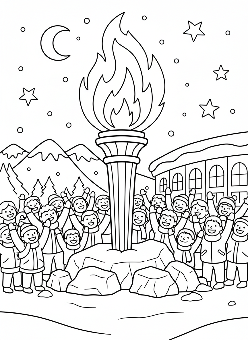 Winter Olympics coloring page prompts capturing snowy venues, cold-weather sports, and dramatic winter competition.	The Olympic flame glowing warmly against a cold winter night, surrounded by snow and cheering spectators.