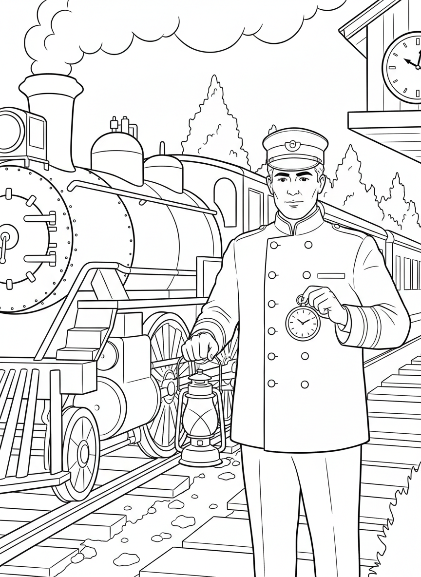 A train conductor standing beside his engine, wearing a traditional uniform and cap, holding a lantern and checking his pocket watch