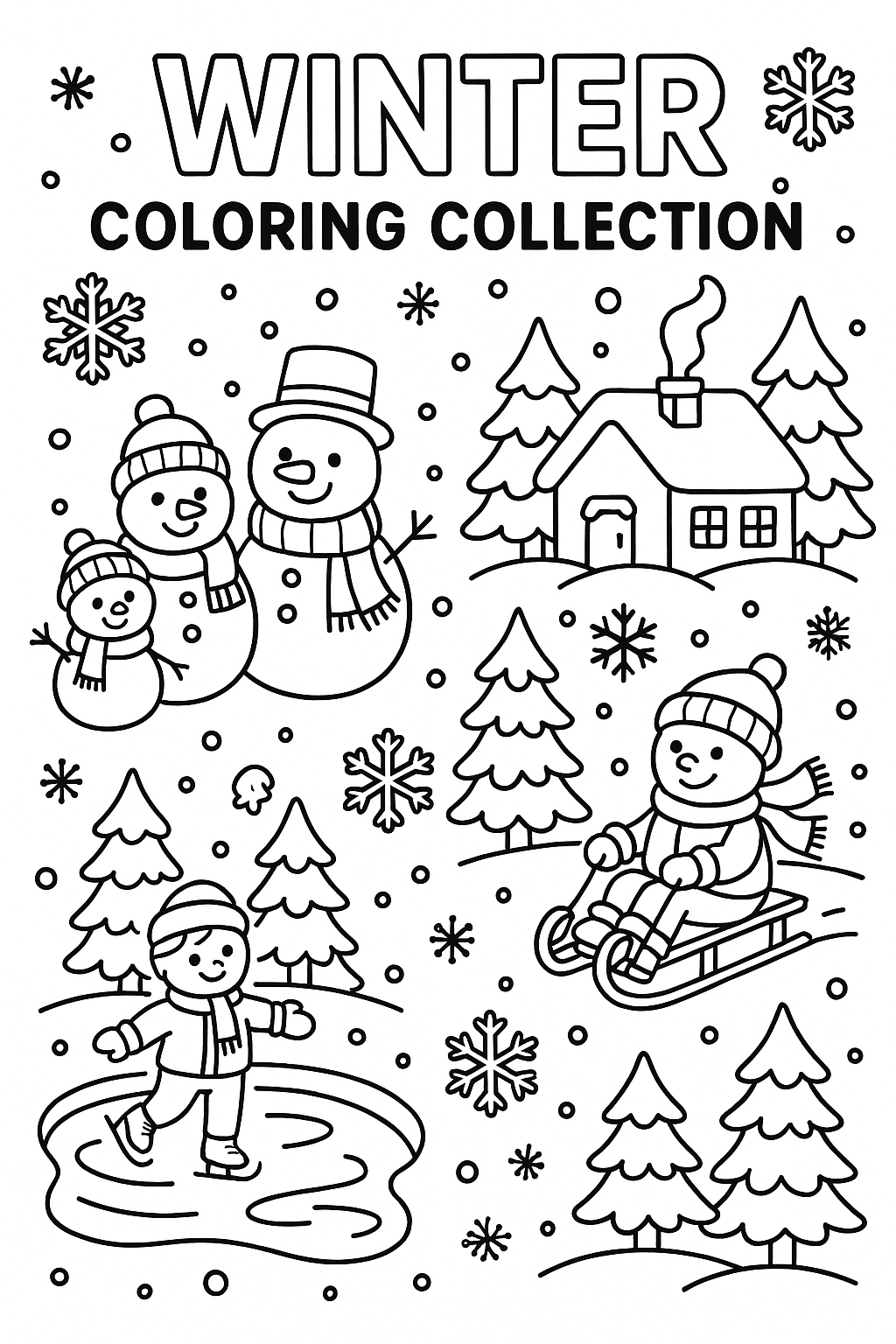 Winter coloring collection: snowman family with hats scarves, ice skating pond, snowy pine trees, cozy cabin with smoke, sledding hill, snowflakes falling, thick bold line art, no fills, multiple small scenes on one page