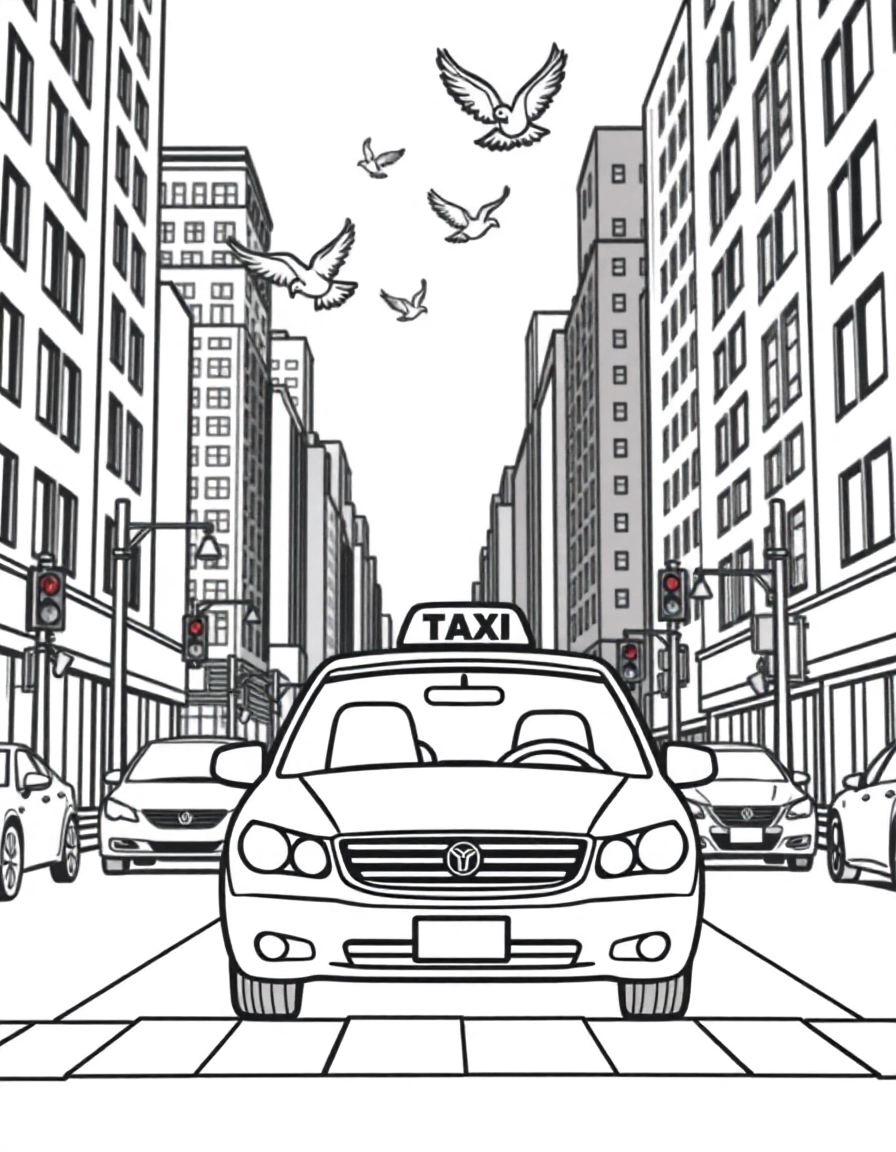A cartoon taxi cab in a busy New York City street, tall buildings, stoplights, and pigeons flying overhead