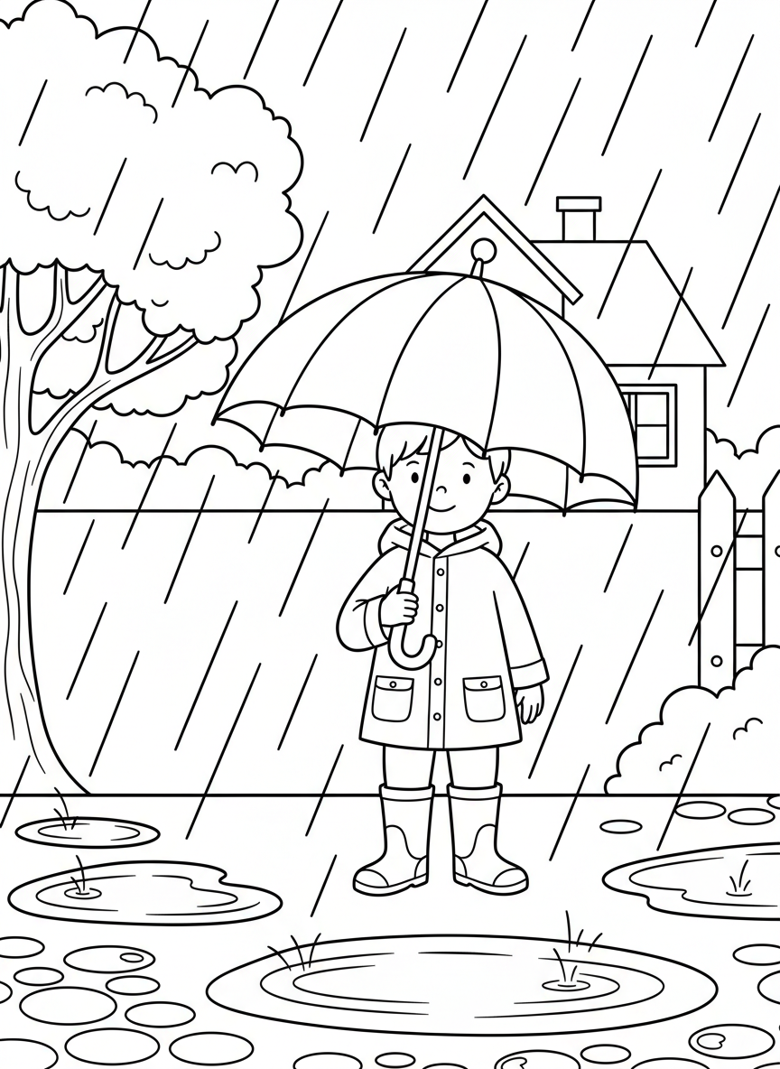A child holding an umbrella in the rain, raindrops falling evenly, puddles on the ground, simple background, clean bold outlines, no text, no logos