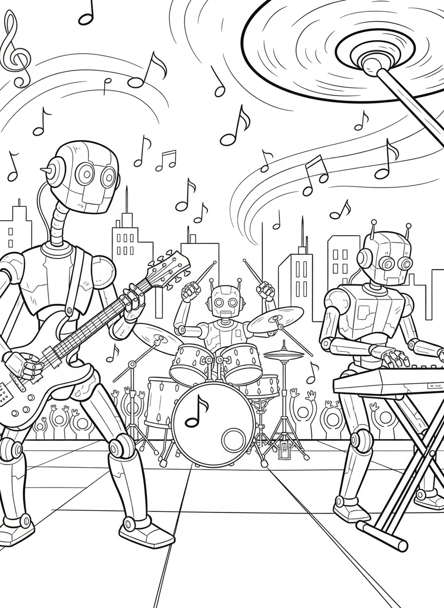 A musical robot band with three robots playing guitar, drums, and keyboard on a stage with musical notes.