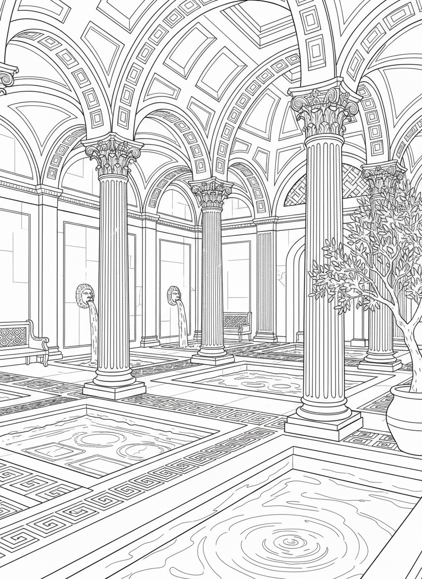 A Roman bathhouse interior with columns, decorative floor mosaics in geometric patterns, and pools of water for bathing.