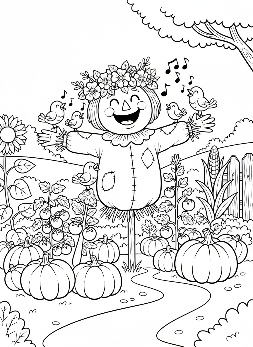 A cheerful scarecrow in a garden wearing a flower crown, surrounded by growing vegetables and singing birds.