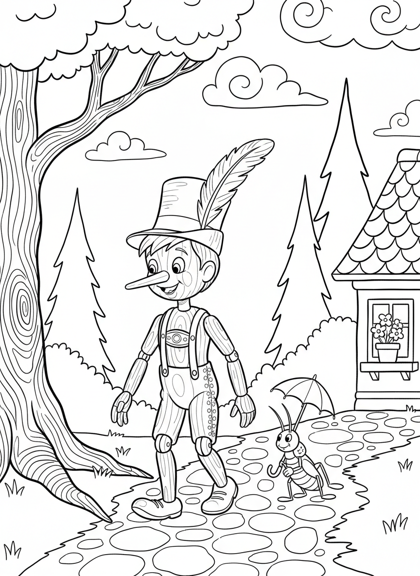 A wooden puppet boy with a long nose wearing lederhosen and a feathered hat, walking with a cricket companion