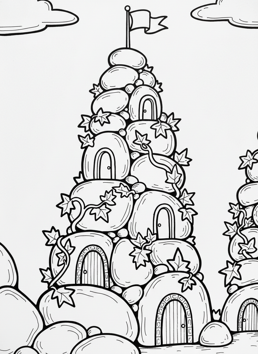 A multi-story fairy tower made of stacked pebbles with ivy climbing up the sides, arched doorways, and a flag on top.
