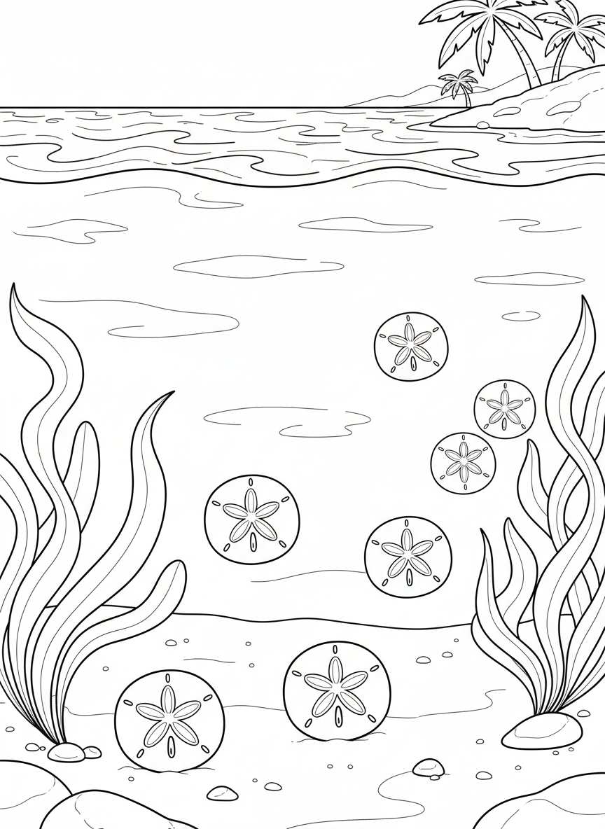 Beach coloring page with exactly 7 sand dollars scattered on the ocean floor with wavy seaweed in the background.