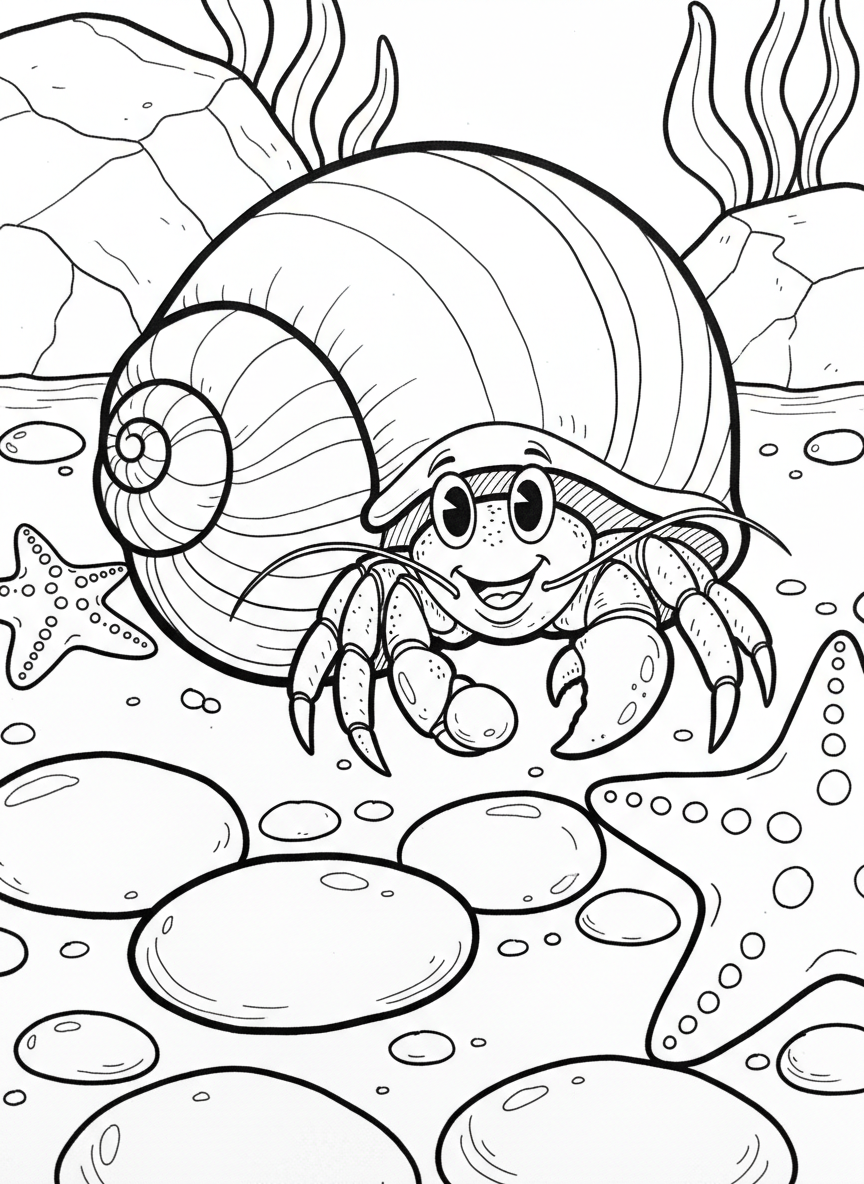 A cheerful hermit crab peeking out from a spiral seashell, surrounded by small pebbles and starfish in a tide pool.