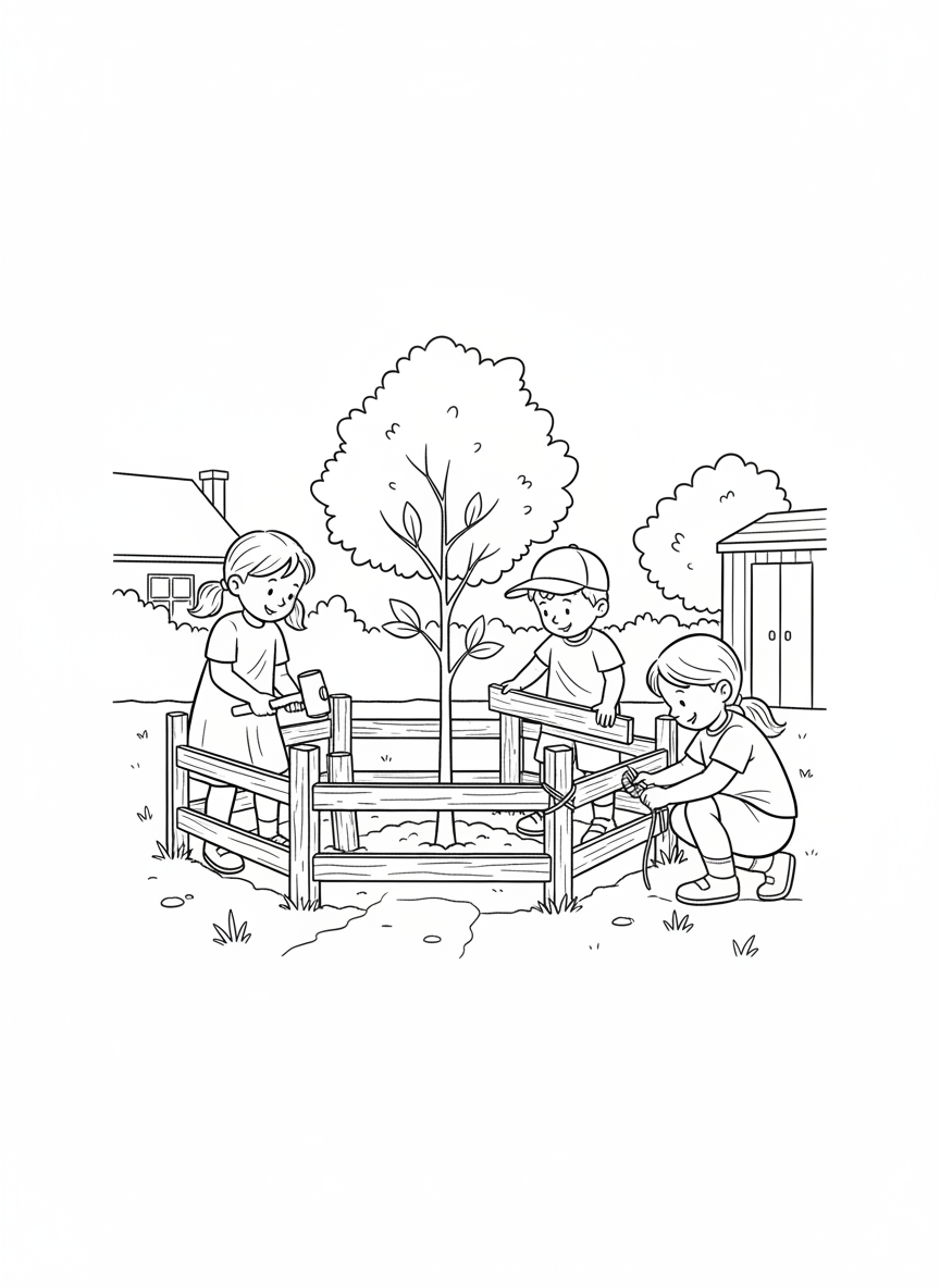 Kids making a tree guard or fence around a newly planted sapling to protect it as it grows.