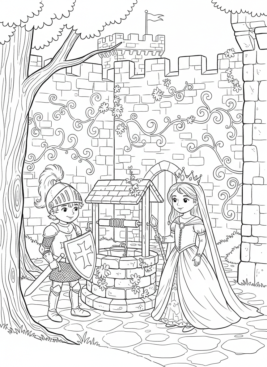 Two children dressed as a knight and princess explore a castle courtyard with an old well, stone walls, and climbing vines.