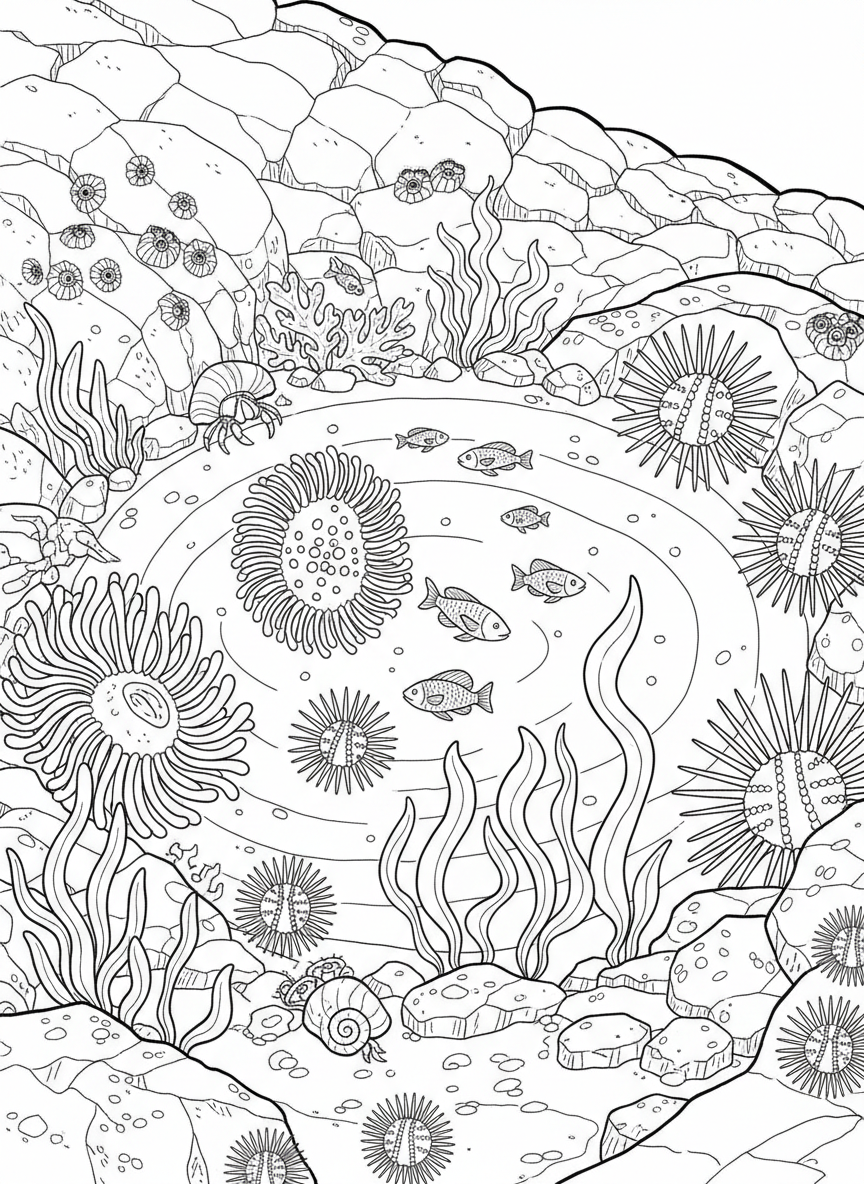 Detailed tide pool ecosystem with sea anemones, sea urchins, small fish, and seaweed all living together harmoniously