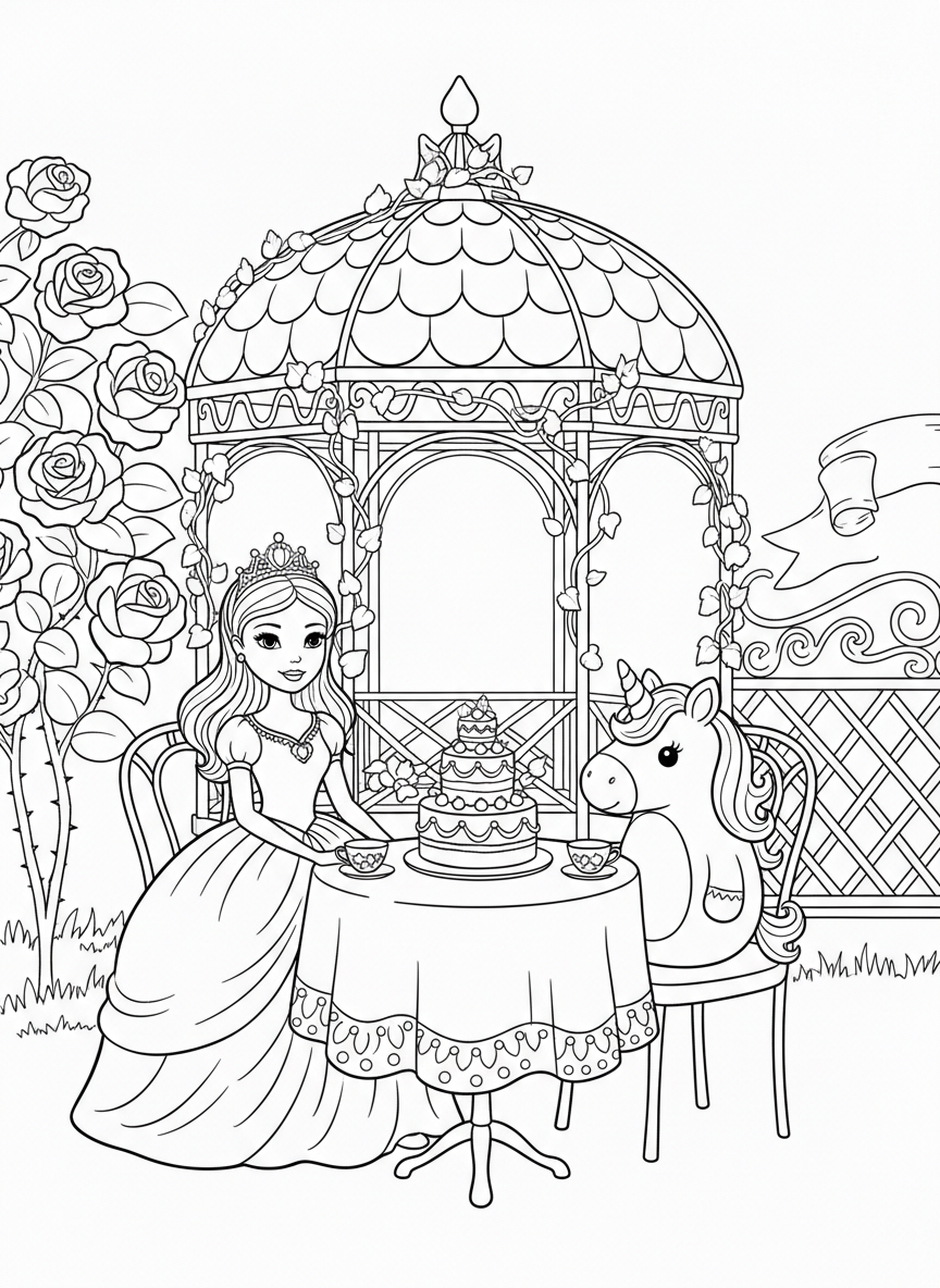 A princess doll hosting a tea party with a unicorn plush toy, both seated at a table with tiny teacups and a decorated cake.