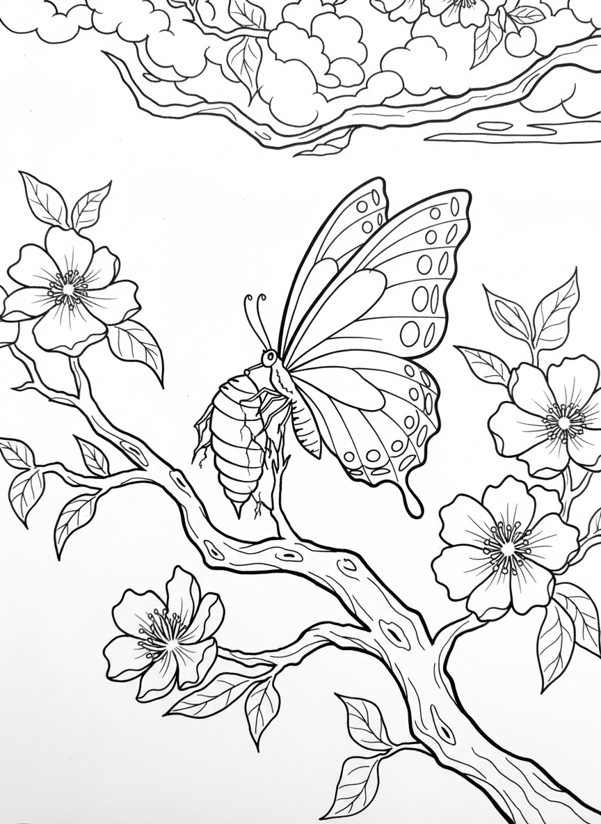 A butterfly emerging from a cocoon on a flowering branch, symbolizing spring renewal and transformation