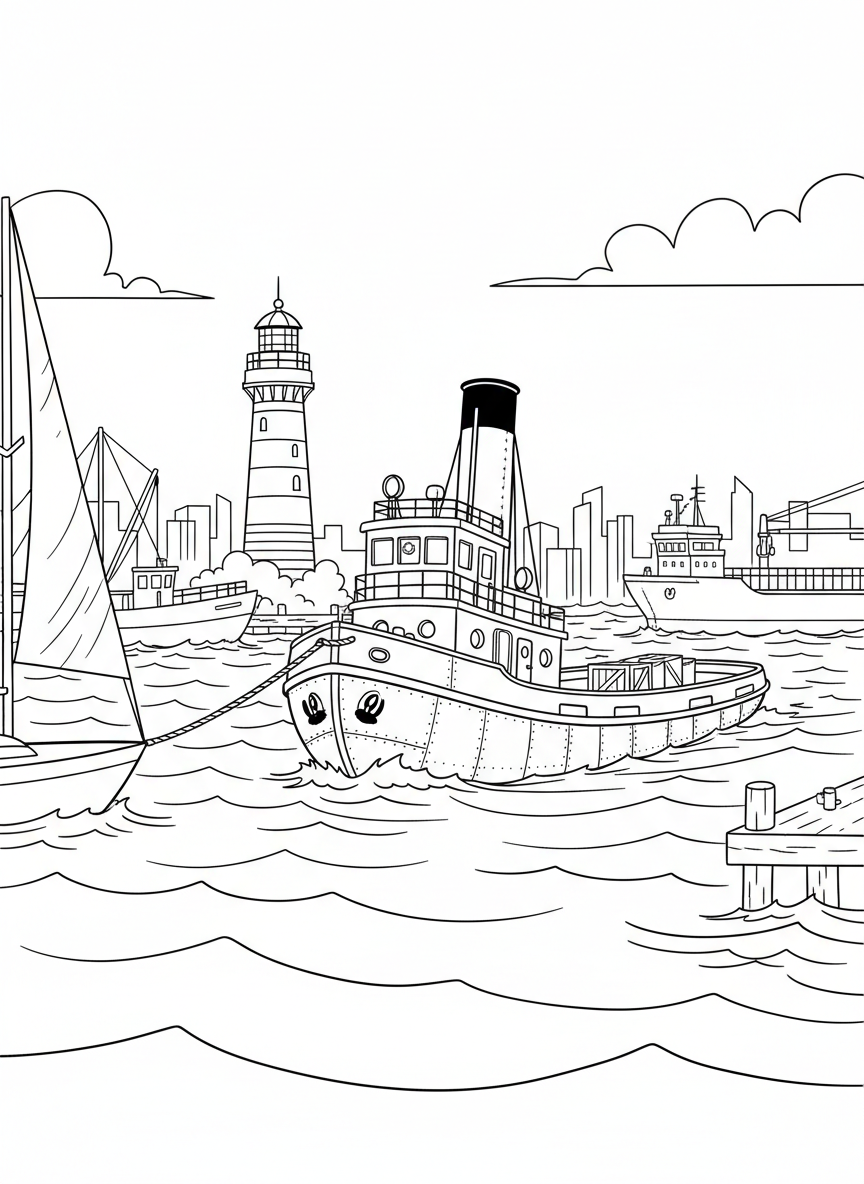 A tugboat with a smokestack pulling a barge in a busy harbor, with a lighthouse visible in the background.