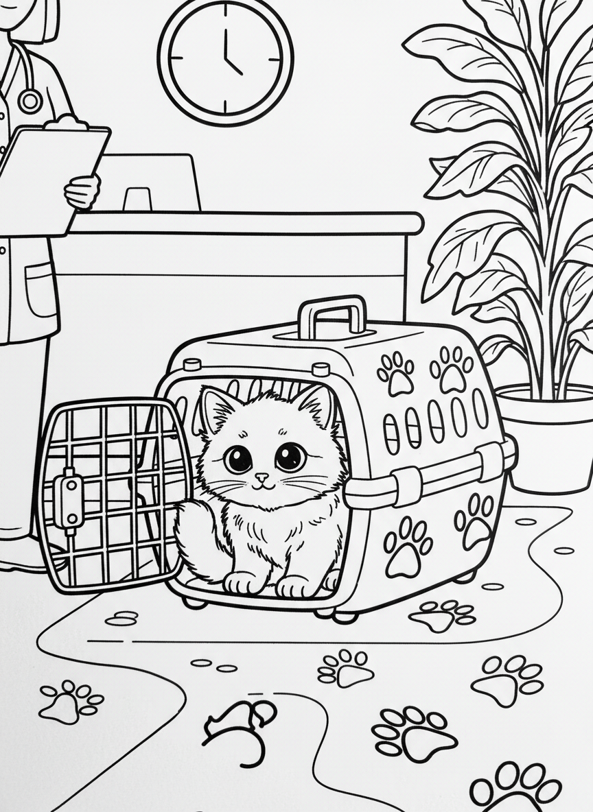 A cute kitten sitting in a pet carrier with the door open, ready for a checkup, with paw print decorations on the carrier