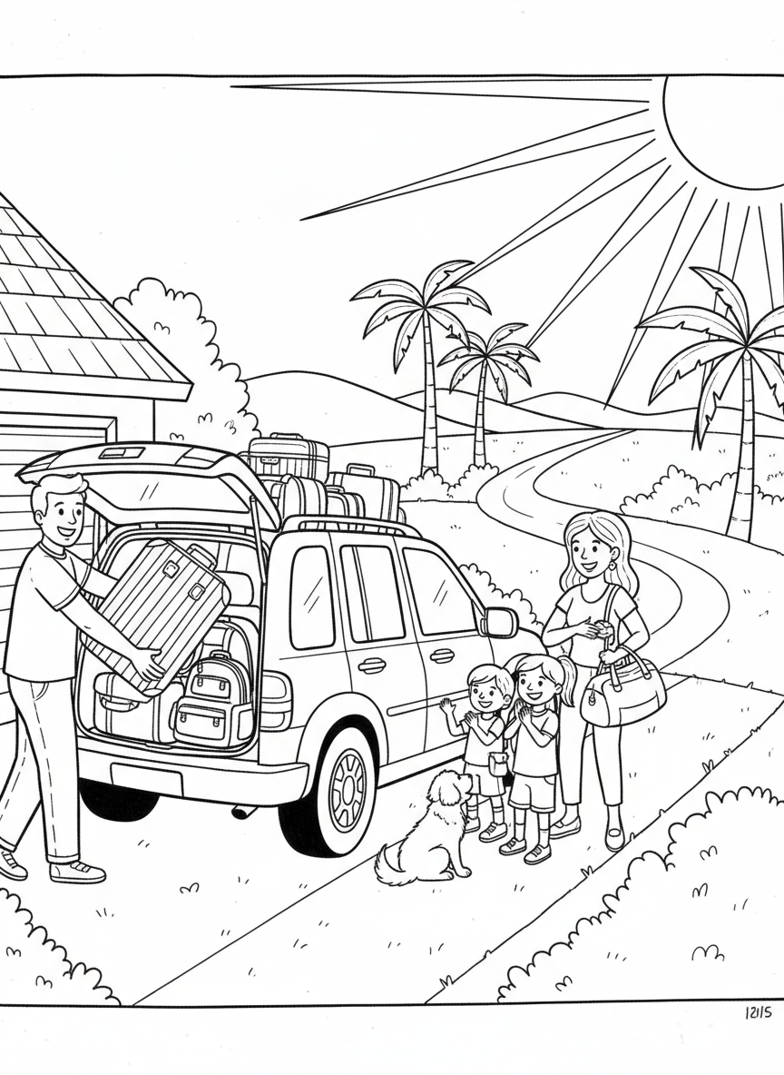 Summer Vacation coloring page prompts capturing travel adventures, relaxed days, family trips, and sunny escapes.	A family loading luggage into a car for summer vacation, excitement visible as the road ahead promises adventure.