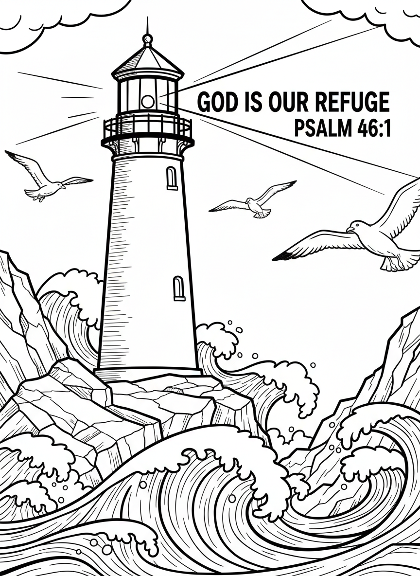 A lighthouse on rocky shores with waves and seagulls, featuring 'God is Our Refuge Psalm 46:1' in strong lettering along the beam