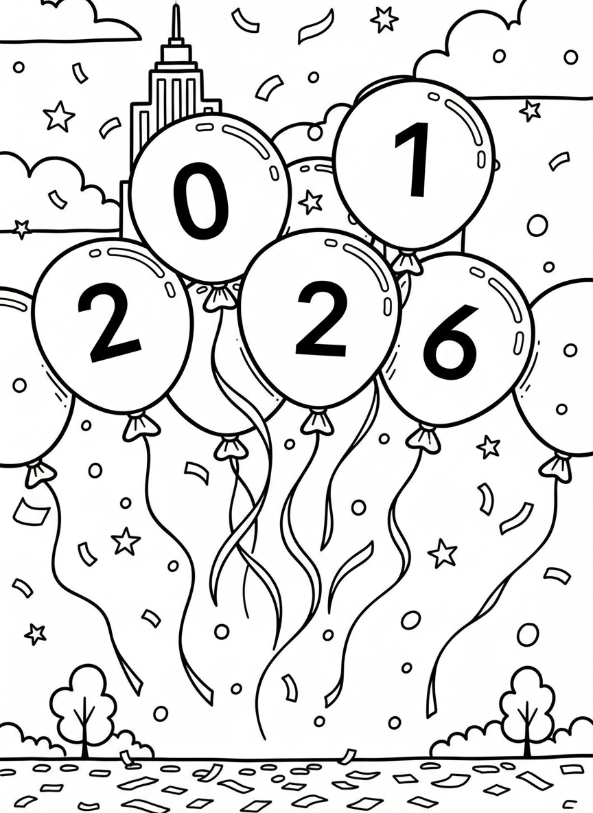 Multiple balloons of different sizes floating upward, each containing a digit: '2', '0', '2', '6', with ribbons and confetti below.
