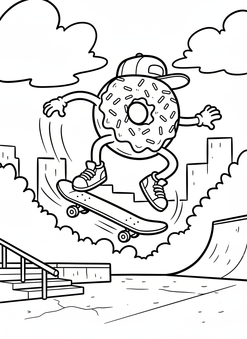A donut riding a skateboard doing a trick, wearing a backwards baseball cap and sneakers, action pose with motion lines