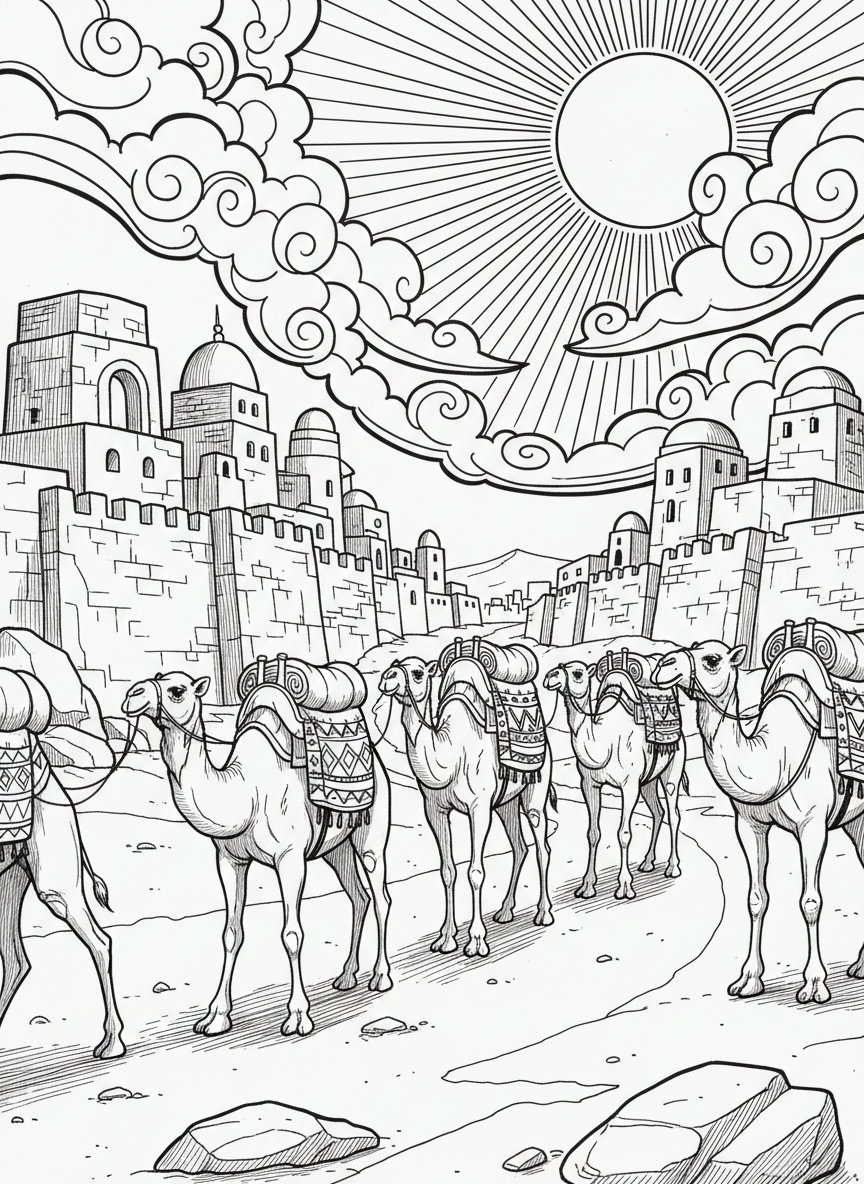 A desert caravan traveling between ancient cities with camels carrying supplies beneath a bright sky.