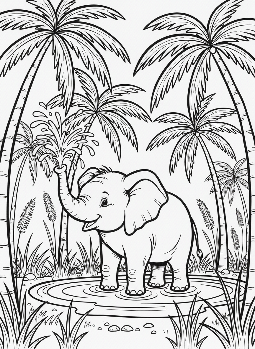 A baby elephant spraying water with its trunk near a watering hole, with palm trees and grass around.