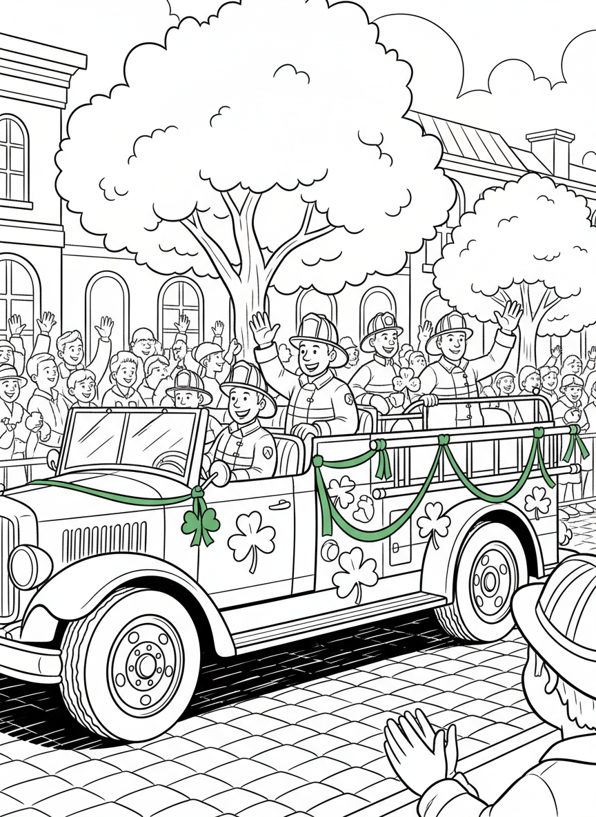 A vintage fire truck decorated with green streamers and shamrocks, carrying waving firefighters in the parade.