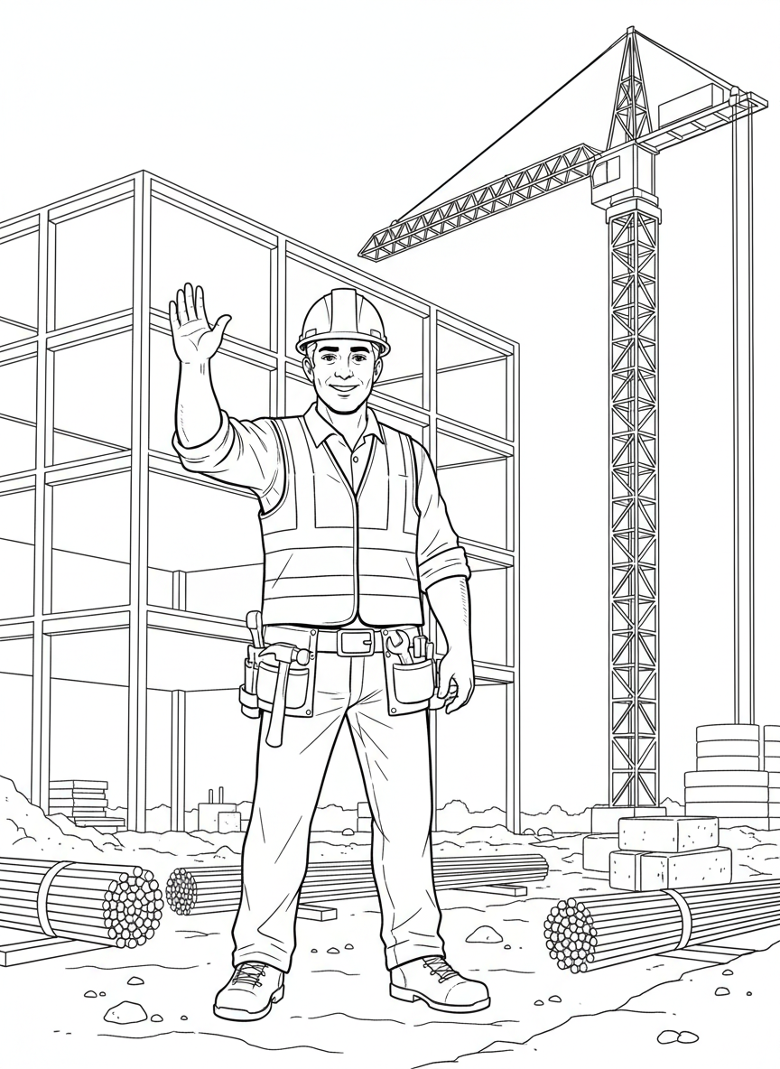 A construction worker wearing a hard hat and safety vest, waving hello with a toolbelt around the waist, standing pose.