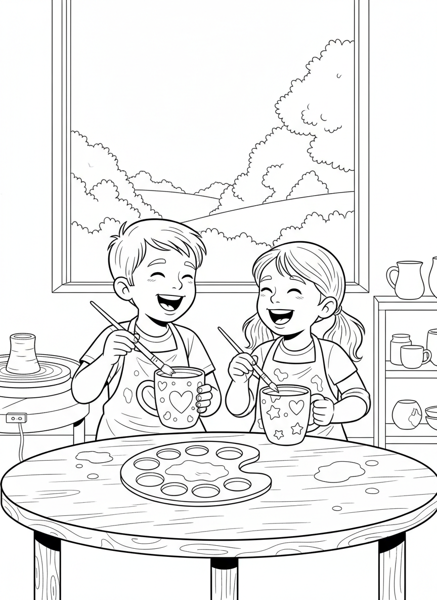 Two children painting matching ceramic friendship mugs, sharing paint colors and laughing together at their studio table.