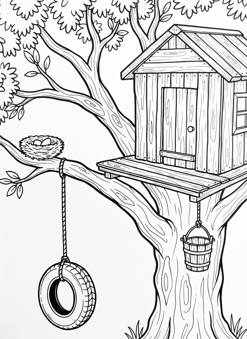 A simple platform treehouse with a tire swing, a bucket on a rope, and a bird's nest in a nearby branch.