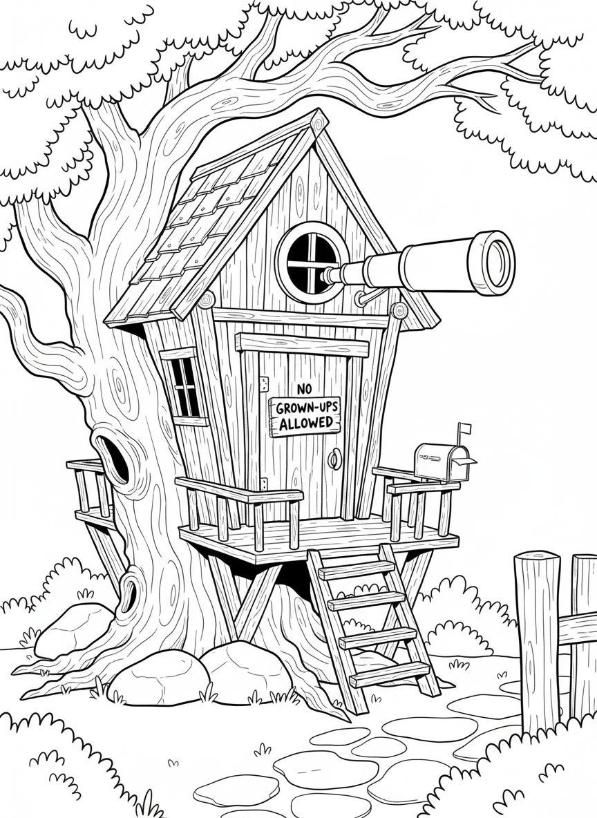 Detailed treehouse hideout with a telescope poking out the window, a mailbox attached to the railing, and a 'No Grown-ups Allowed' sign on the door.