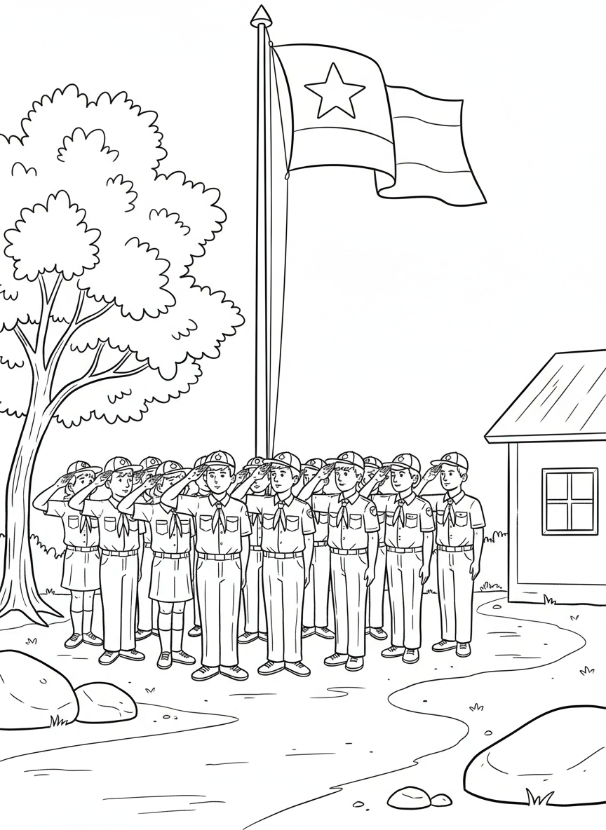 A group of scouts or children in uniform saluting a flag during a ceremony, standing in neat rows.