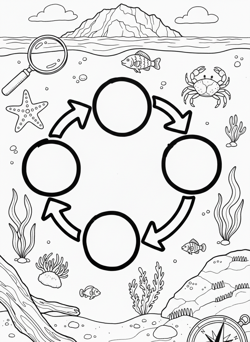 An explorer's notebook page featuring a tide pool food chain diagram with empty circles to fill in creatures and connecting arrows