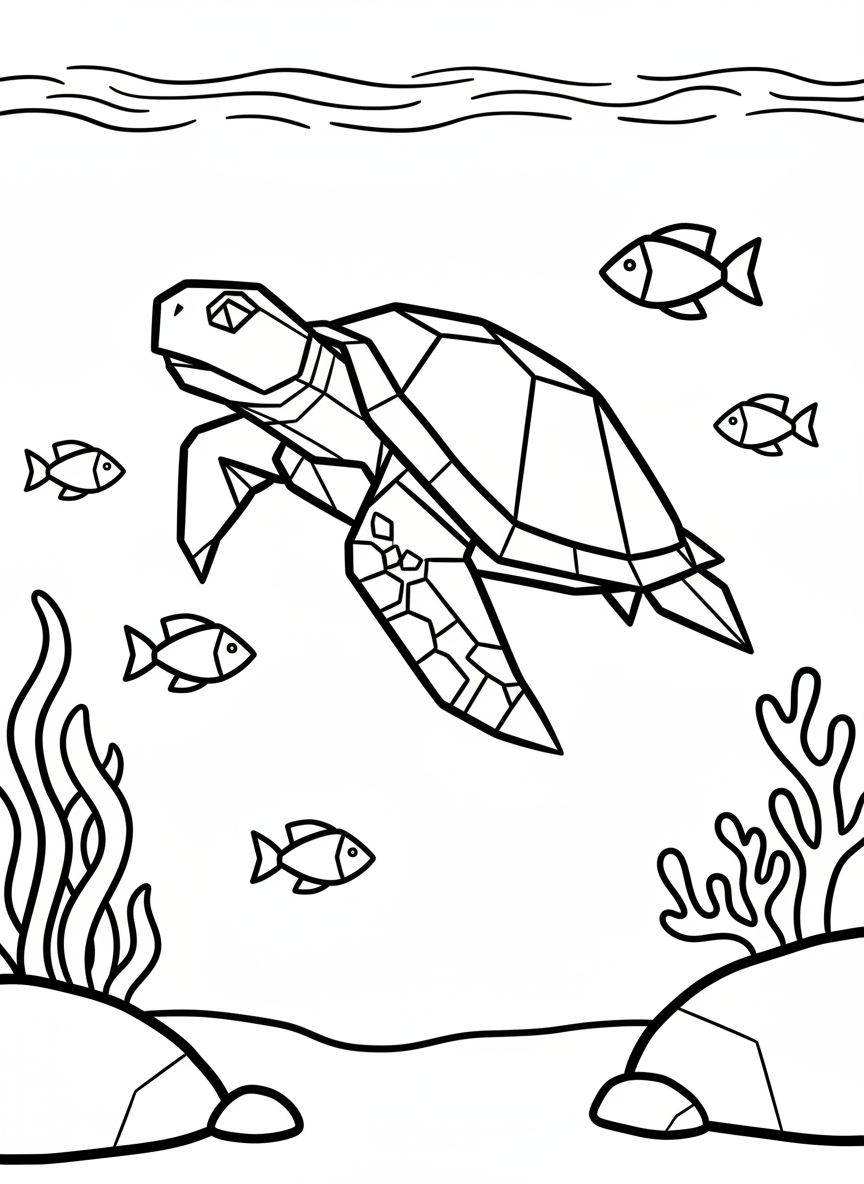 A simple origami sea turtle with geometric folded paper patterns, swimming peacefully with small fish, clean line art suitable for young children