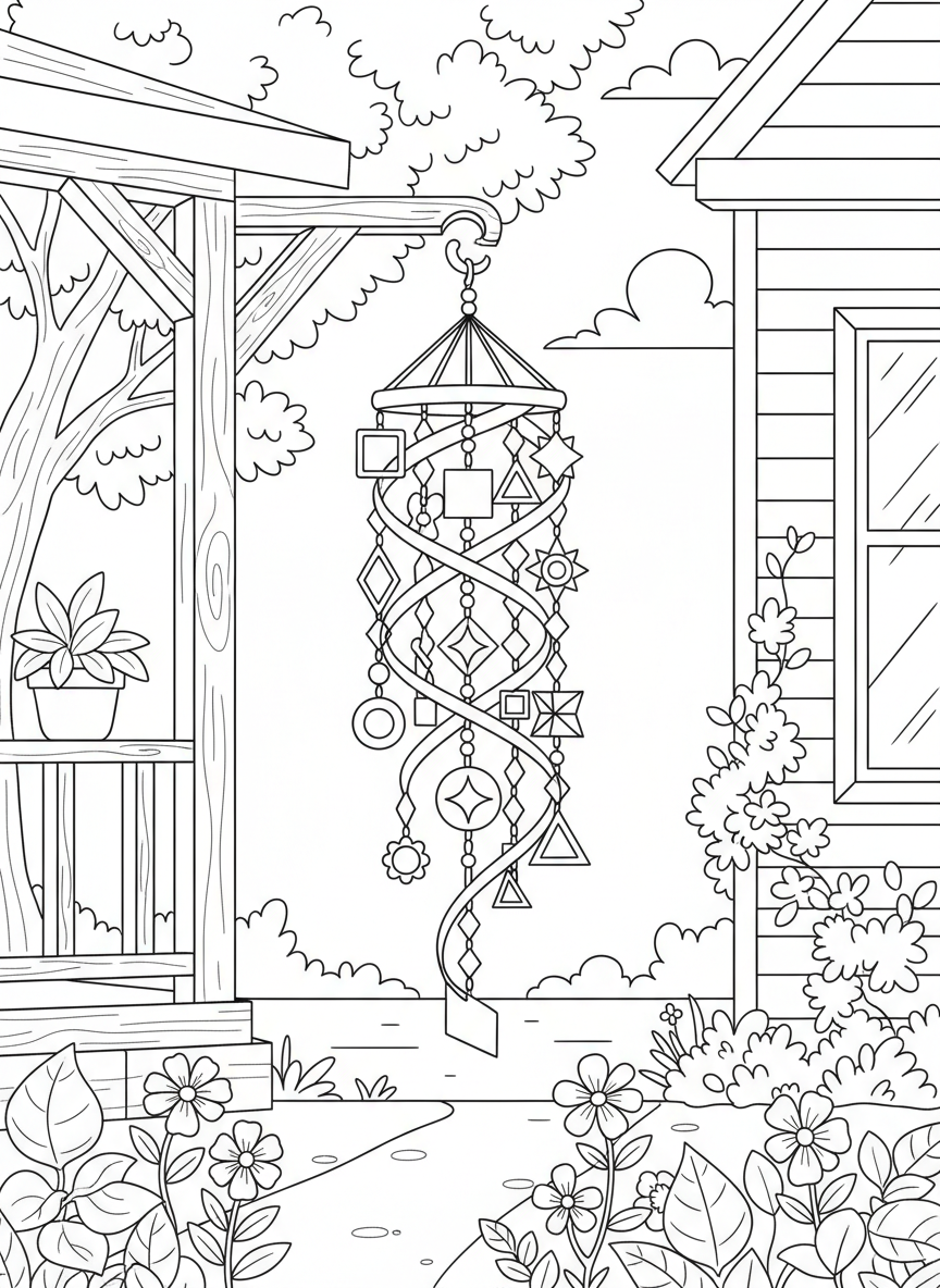 A decorative wind spinner with spiral ribbons and geometric shapes hanging from a porch, with a house and garden visible.