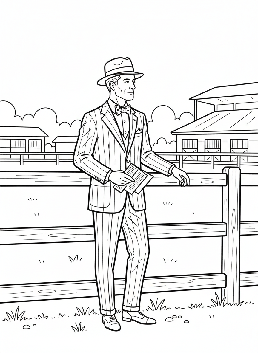 A gentleman in a seersucker suit and bow tie holding a racing program, standing near the paddock fence.