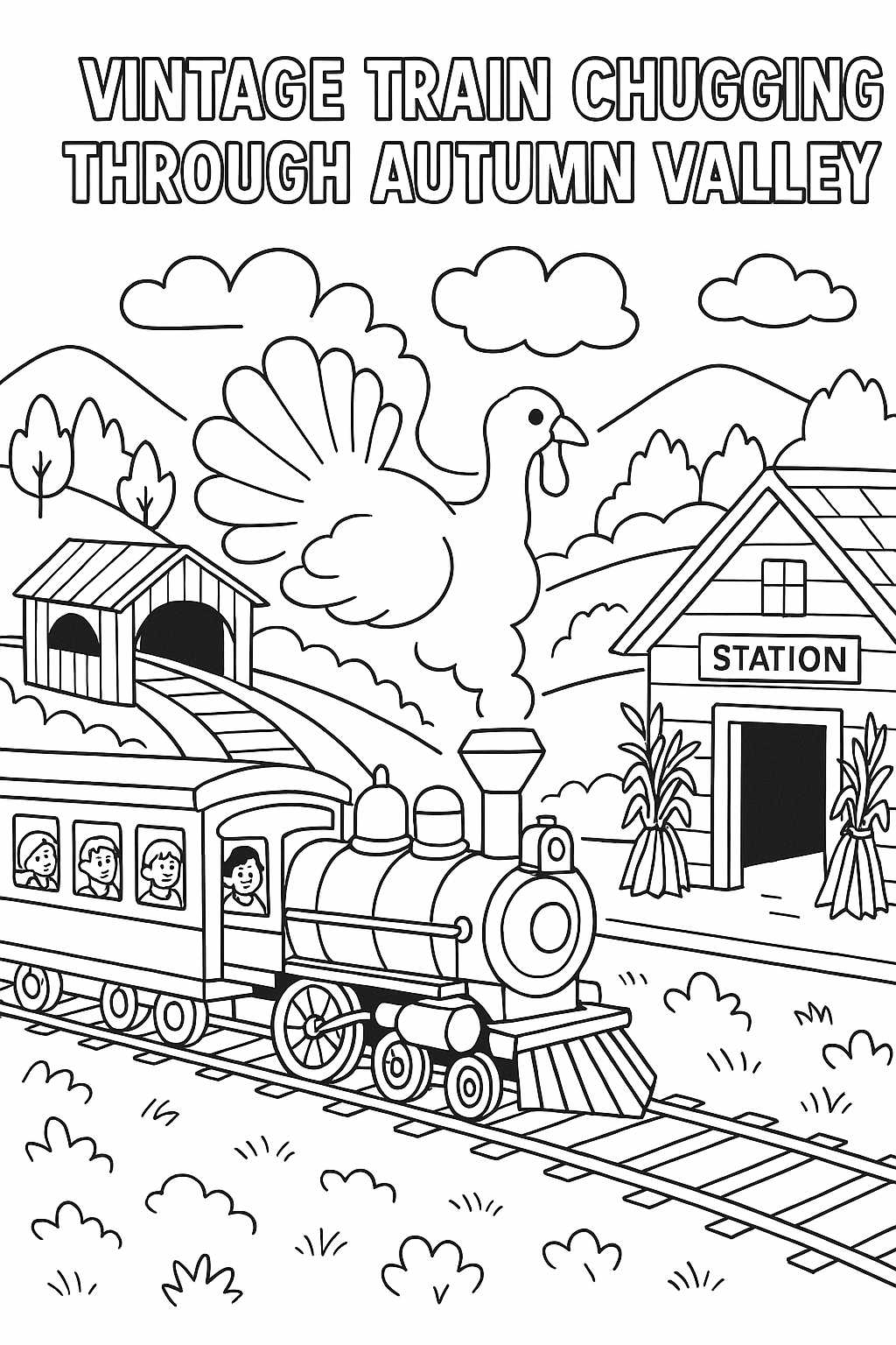 Vintage train chugging through autumn valley, steam forming turkey shape, passengers visible through windows, covered bridge ahead, station decorated with corn stalks