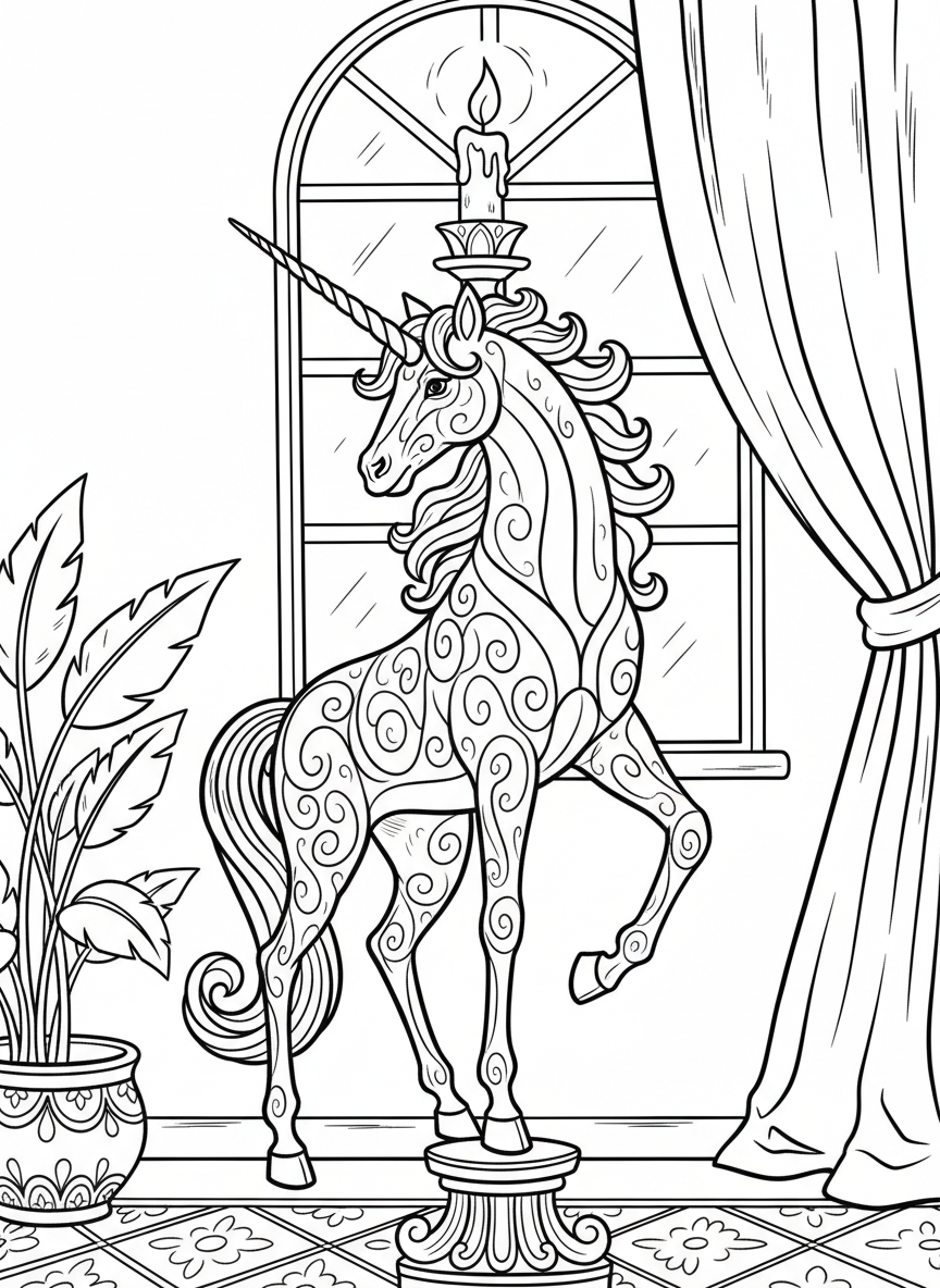 A tall unicorn candleholder with elegant scrollwork patterns, candle resting between the ears, simple composition