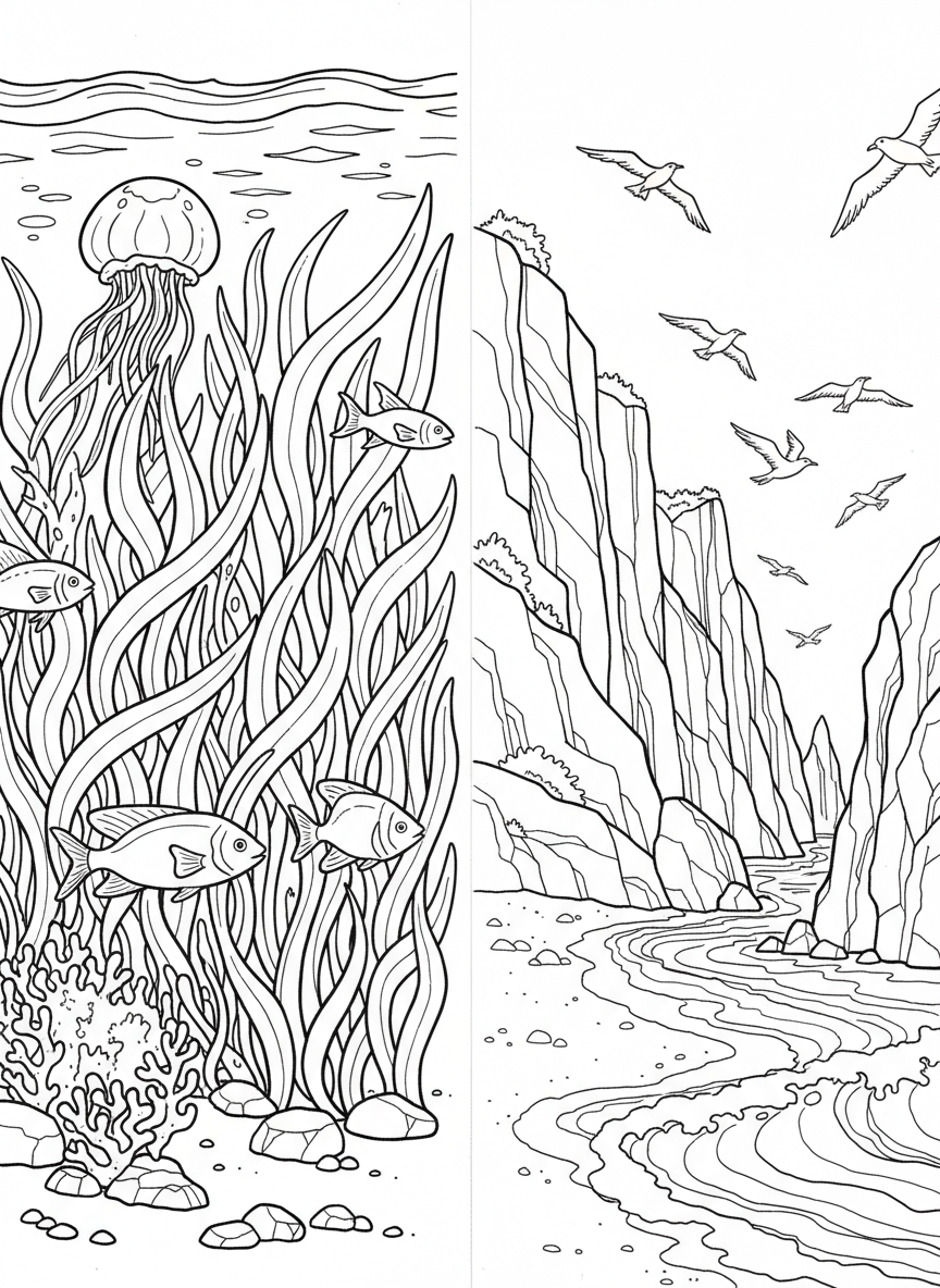 An observation journal featuring a split page design: underwater view on left with kelp forest, above-water view on right with cliffs and birds