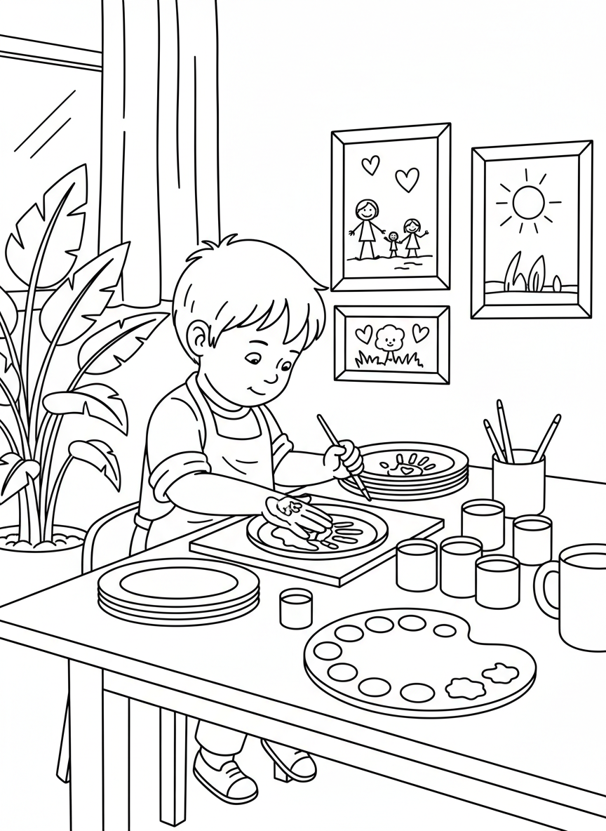 Simple scene of a child painting a ceramic plate with their handprint design, paint palette and family-themed decorations visible.