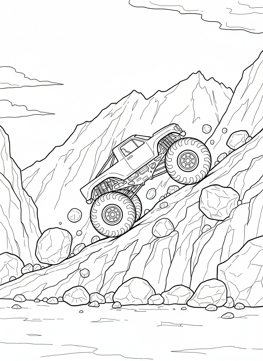 A monster truck climbing up a steep rocky hill, large boulders scattered around, mountain landscape in the distance.